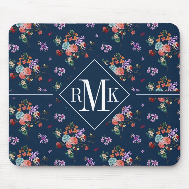 Monogram | Rose Bouquet Floral Pattern Mouse Pad (Front)