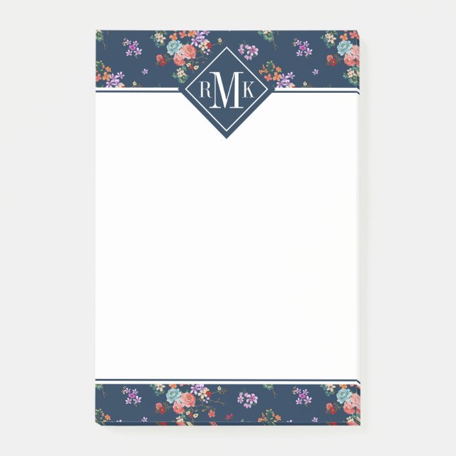Monogram | Rose Bouquet Floral Pattern Post-it Notes (Front)