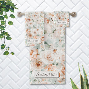 Monogram Rose Eucalyptus Leaves Greenery Floral Bath Towel Set