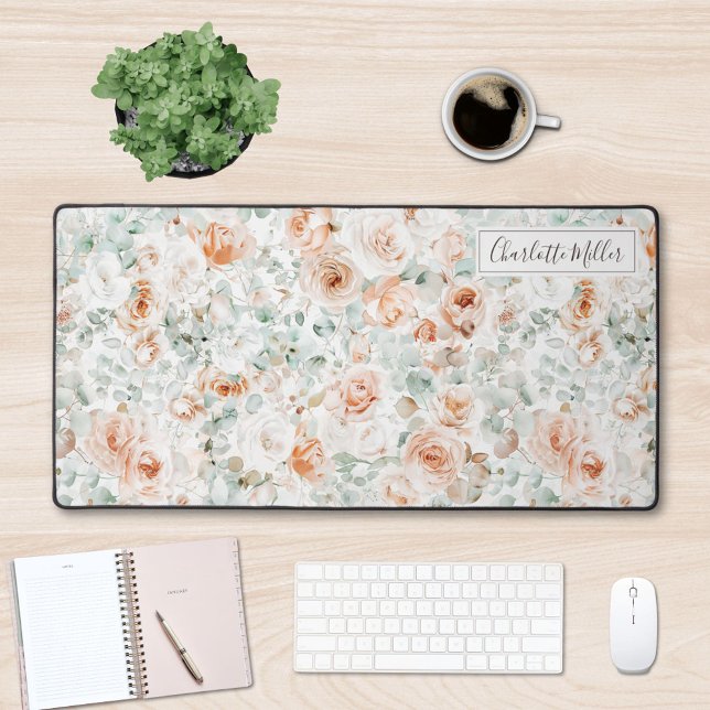 Monogram Rose Eucalyptus Leaves Greenery Floral Desk Mat (In situ)