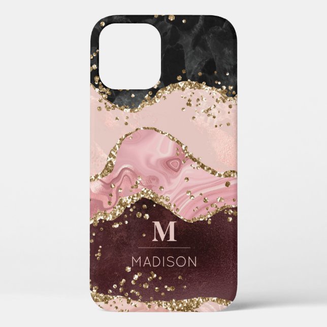  Monogram Rose Gold Agate Liquid & Glitter Gold Case-Mate iPhone Case (Back)