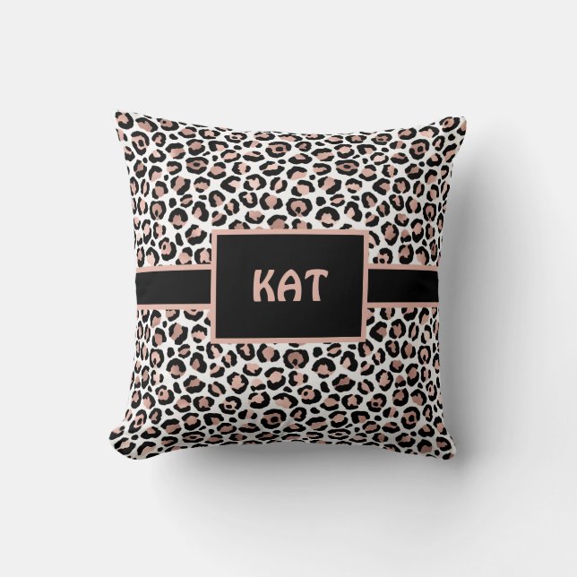 Monogram Rose Gold and Black Leopard Print  Throw Pillow (Front)