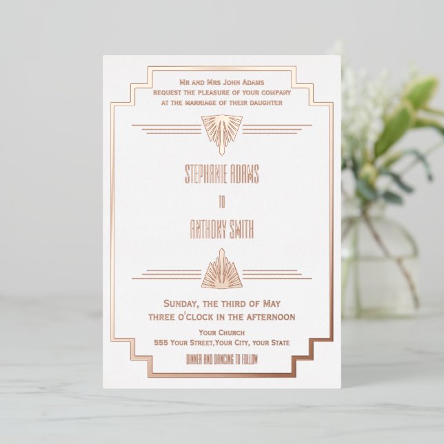 Monogram Rose Gold and White Art Deco Wedding Foil (Standing Front)