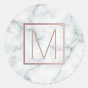 monogram rose gold and white marble classic round sticker