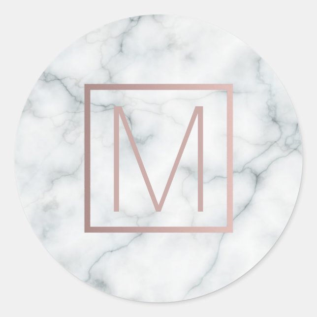 monogram rose gold and white marble classic round sticker (Front)