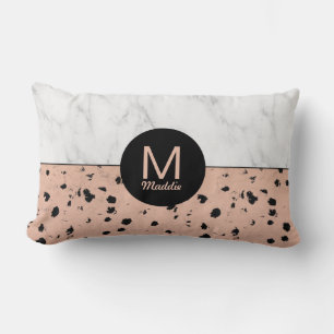 Monogram Rose Gold Animal Print and Marble Pattern Lumbar Pillow