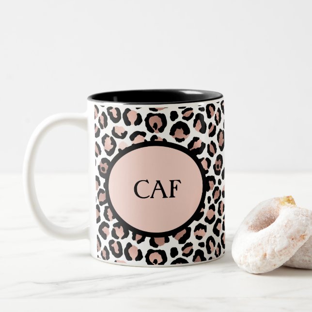 Monogram Rose Gold Black Leopard Print Cheetah  Two-Tone Coffee Mug (With Donut)