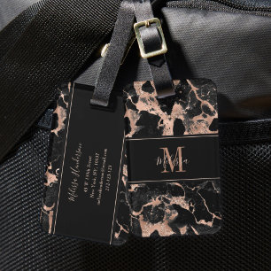 Monogram Rose Gold Black Marble Luggage Tag