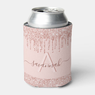 Monogram rose gold blush pink glitter party can cooler