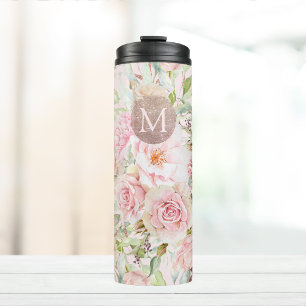 Monogram Rose Gold Blush Pink Watercolor Floral Thermal Tumbler
