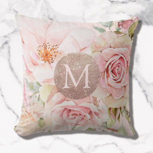 Monogram Rose Gold Blush Pink Watercolor Floral  Throw Pillow