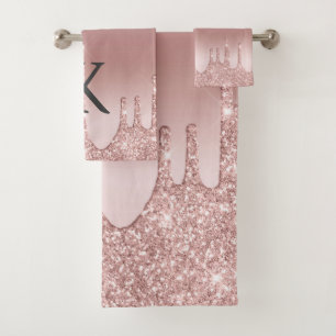 Monogram Rose Gold Drip Glitter Trendy Bath Towel Set