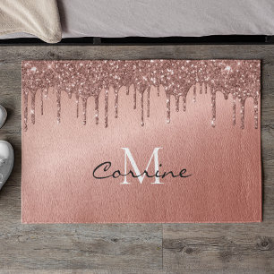 Monogram Rose Gold Dripping Glitter Metallic Doormat