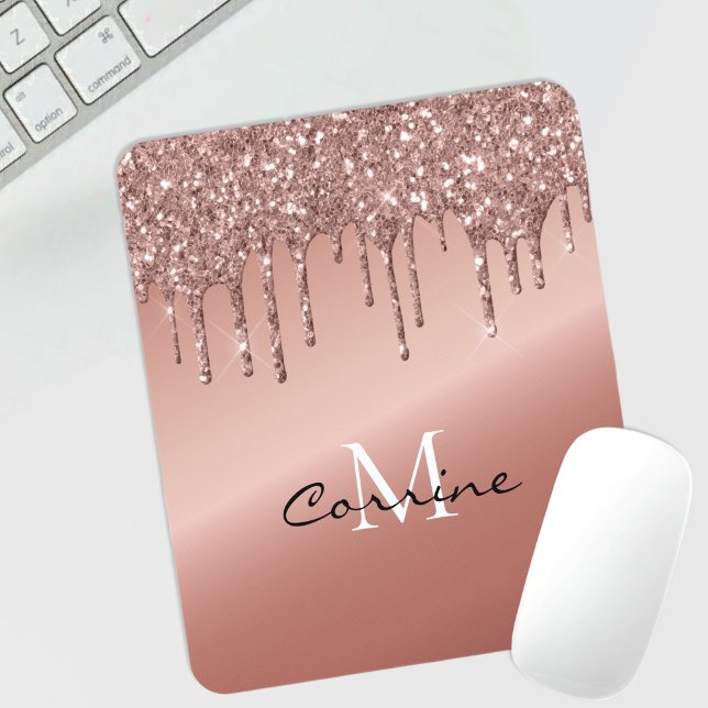 Monogram Rose Gold Dripping Glitter Metallic Mouse Pad (Creator Uploaded)