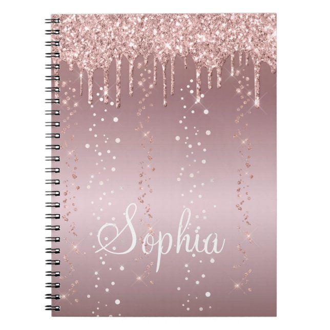 Monogram Rose Gold Dripping Glitter Metallic Notebook (Front)