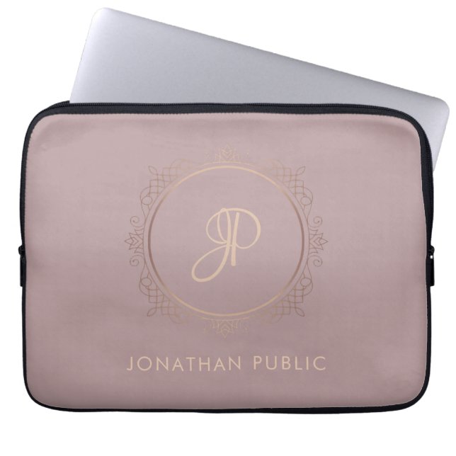 Monogram Rose Gold Elegant Template Trendy Laptop Sleeve (Front)