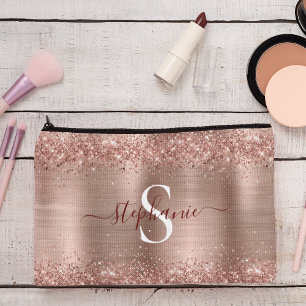 Monogram Rose Gold Faux-Glitter Girly Glam Accessory Pouch