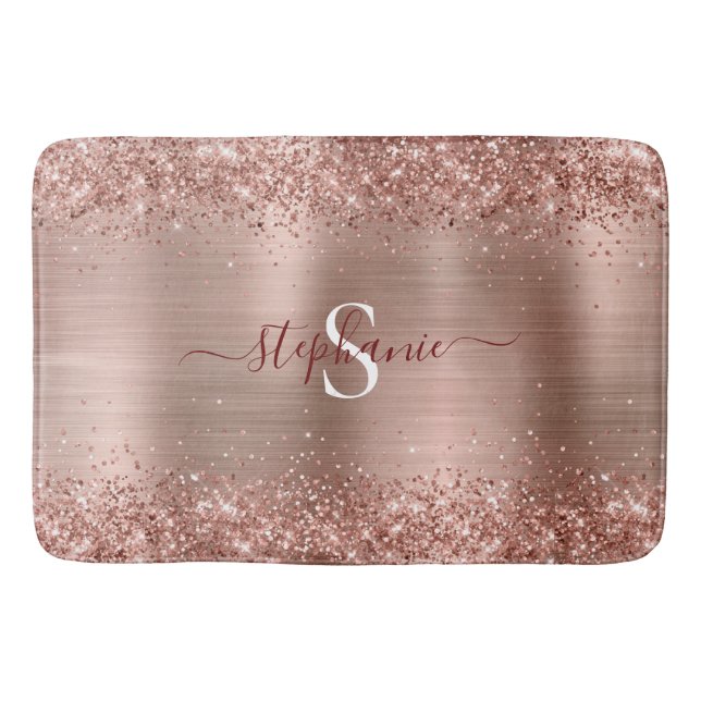 Monogram Rose Gold Faux-Glitter Girly Glam Bath Mat (Front)