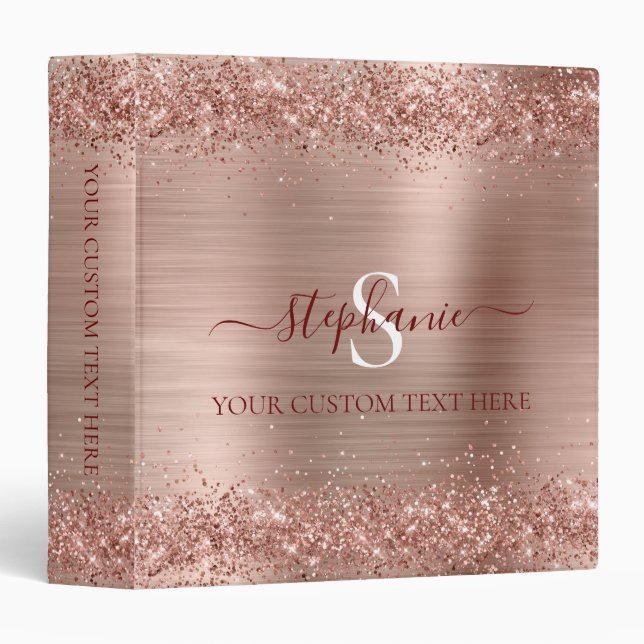 Monogram Rose Gold Faux-Glitter Girly Glam Binder (Front/Spine)