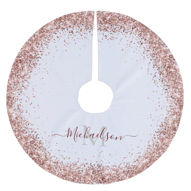 Monogram Rose Gold Faux-Glitter Girly Glam Brushed Polyester Tree Skirt (Front)