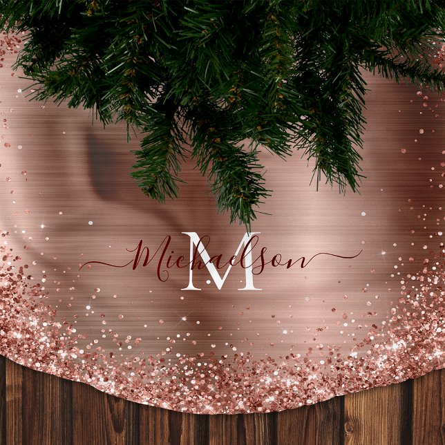 Monogram Rose Gold Faux-Glitter Girly Glam Brushed Polyester Tree Skirt (Rose Gold Glitter Monogram Christmas Tree Skirt)