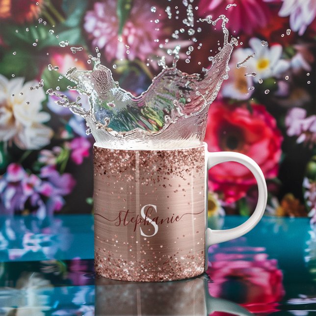 Monogram Rose Gold Faux-Glitter Girly Glam Coffee Mug (Monogram Rose Gold Glitter Girly Glam Coffee Mug)