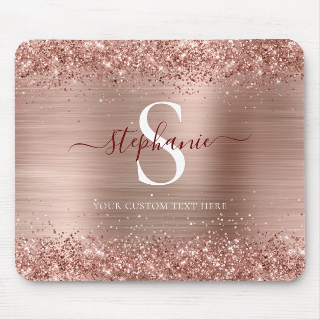 Monogram Rose Gold Faux-Glitter Girly Glam Mouse Pad (Front)