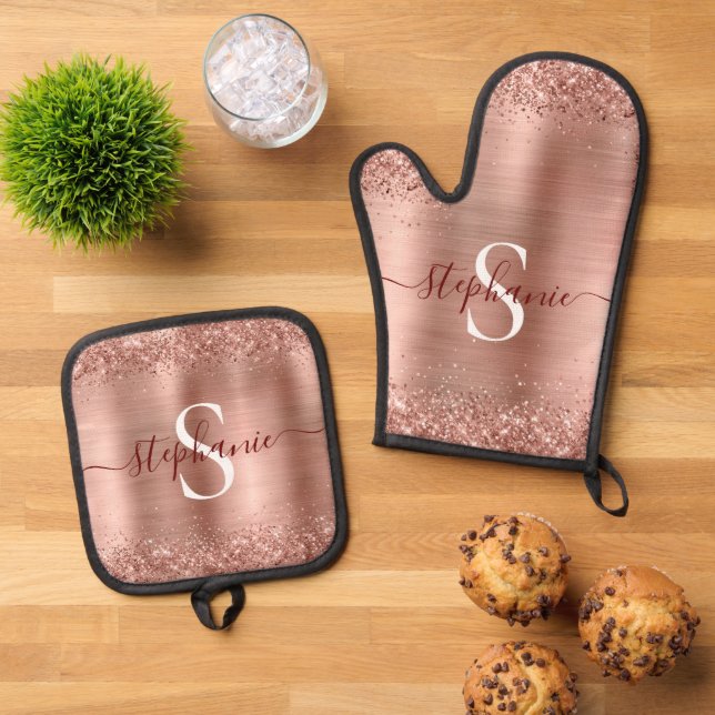 Monogram Rose Gold Faux-Glitter Girly Glam Oven Mitt & Pot Holder Set (Top Down)