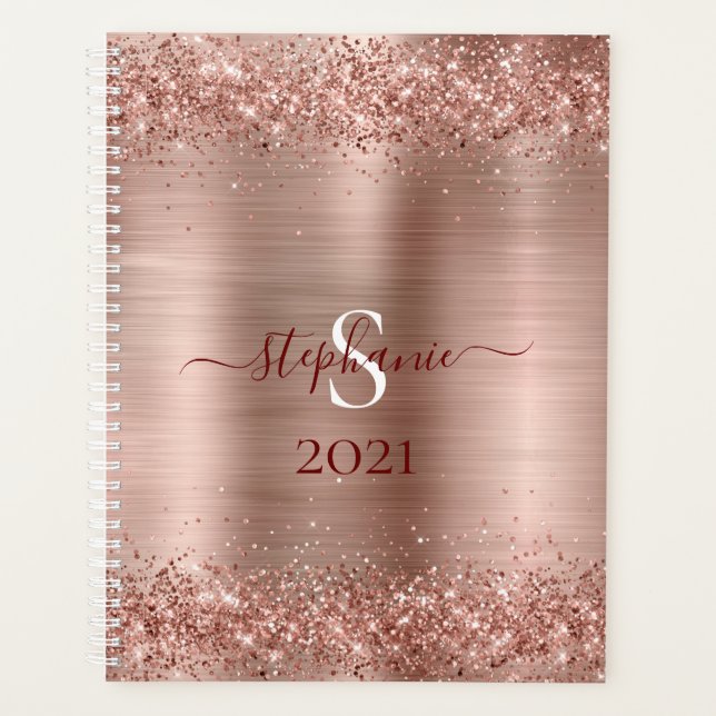 Monogram Rose Gold Faux-Glitter Girly Glam Planner (Front)