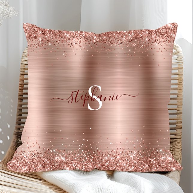 Monogram Rose Gold Faux-Glitter Girly Glam Throw Pillow (Monogram Rose Gold Glitter Girly Glam Throw Pillow)