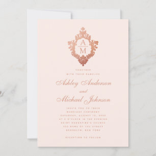 Monogram Rose Gold Floral Crest Blush Pink Wedding Invitation