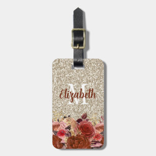 Monogram Rose Gold Floral Gold Glitter  Luggage Tag
