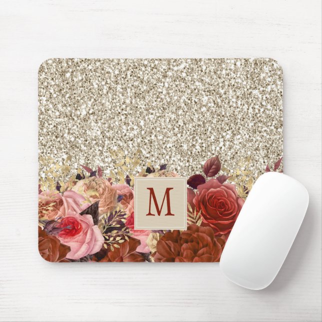Monogram Rose Gold Flowers Light Gold Glitter Mouse Pad (With Mouse)