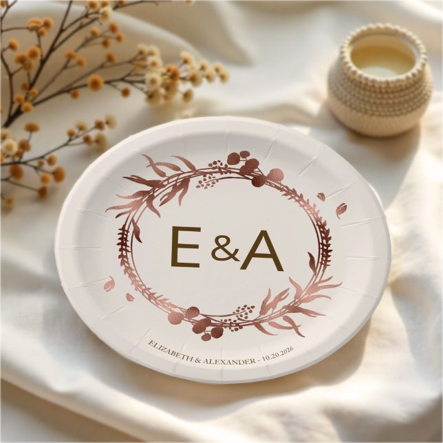 Monogram Rose Gold Foil Wedding Paper Plate (Creator Uploaded)
