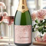Monogram Rose Gold Glitter 90th Birthday Script Sparkling Wine Label<br><div class="desc">Modern Elegant Sparkle Rose gold glitter metallic Personalized Monogram Name 90th (or ANY AGE) Birthday Party Wine Label. This Adult Girly feminine NINETY (NINETIETH) Birhday party design featuring a Monogram Name in a stylish handwritten calligraphy script and date and age on blush pink or rose gold faux brushed metallic foil...</div>