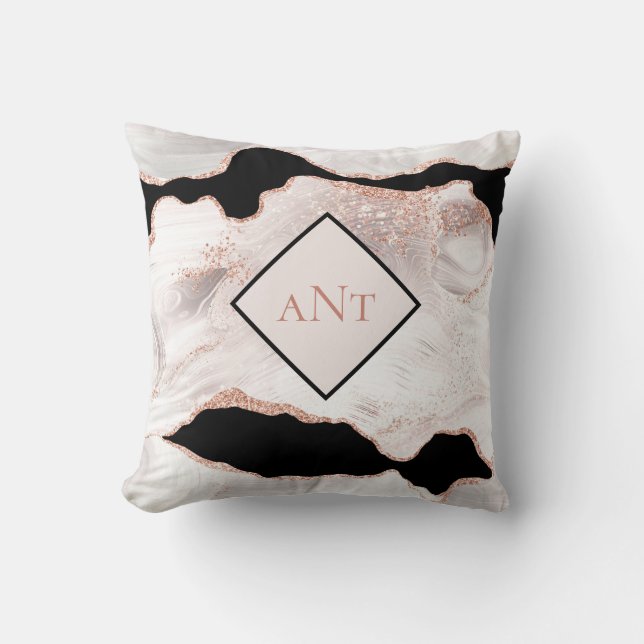 Monogram Rose Gold Glitter Agate Black White Swirl Throw Pillow (Front)