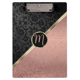 Monogram Rose Gold Glitter and Black Damask Clipbo Clipboard
