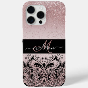 Monogram Rose Gold Glitter iPhone 15 Pro Max Case