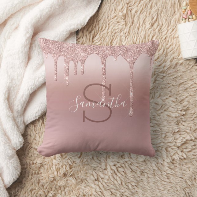 Monogram Rose Gold Glitter Drip Blush Pink Trendy Throw Pillow (Blanket)