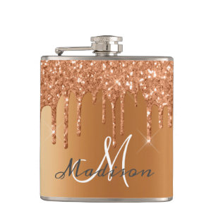 Monogram Rose Gold Glitter Drips Girly Sparkle Fla Hip Flask