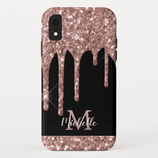 Monogram Rose Gold Glitter Drips on Black Monogram Case-Mate iPhone Case (Back)