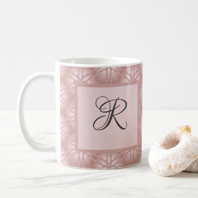 Monogram Rose Gold Glitter Geometric Pattern  Coffee Mug (With Donut)