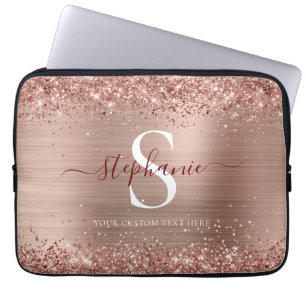 Monogram Rose Gold Glitter Girly Glam Laptop Sleeve