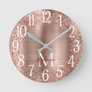 Monogram Rose Gold Glitter Girly Glam Watch Round Clock