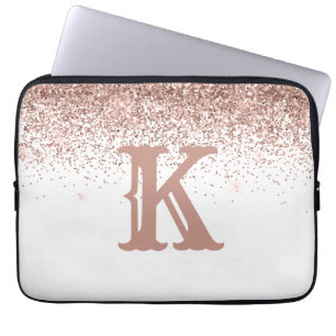 Monogram Rose Gold Glitter Girly Personalized Laptop Sleeve