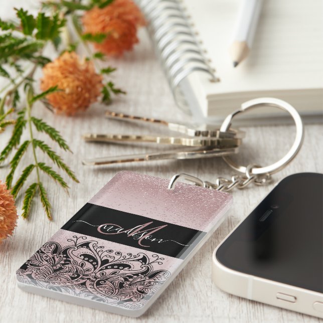 Monogram Rose Gold Glitter Keychain (Front Right)