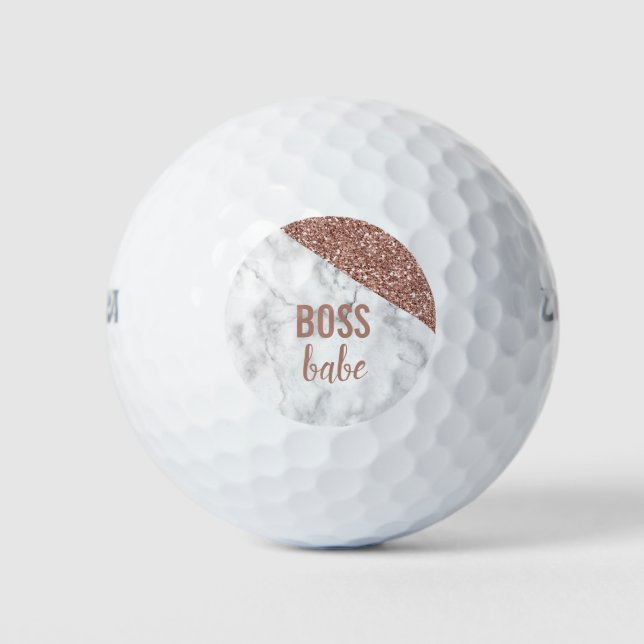 Monogram Rose Gold Glitter | Marble  Boss Babe Golf Balls (Front)