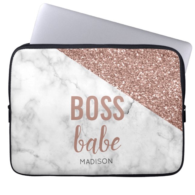 Monogram Rose Gold Glitter | Marble  Boss Babe Laptop Sleeve (Front)