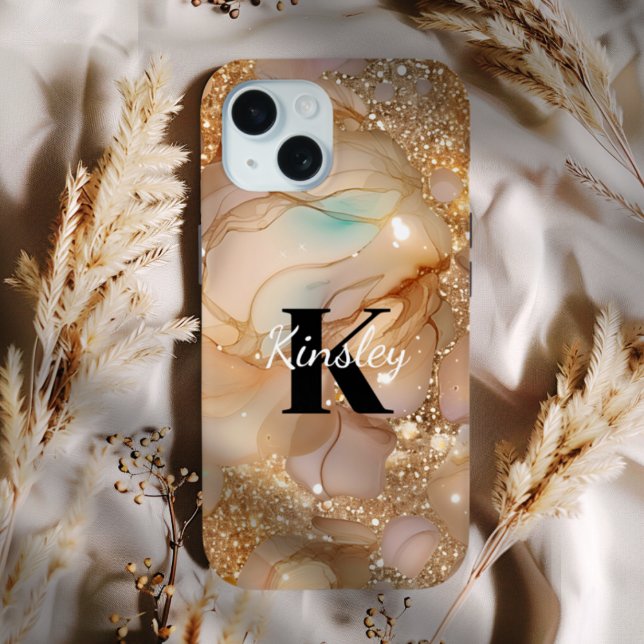 Monogram Rose Gold Glitter Marble Case-Mate iPhone Case (Monogram Rose Gold Glitter Marble Phone Case - Choose Your Phone Type)