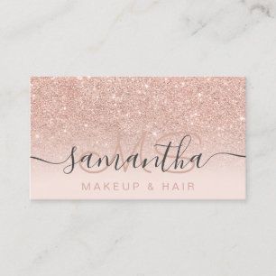 Monogram rose gold glitter ombre blush makeup hair business card